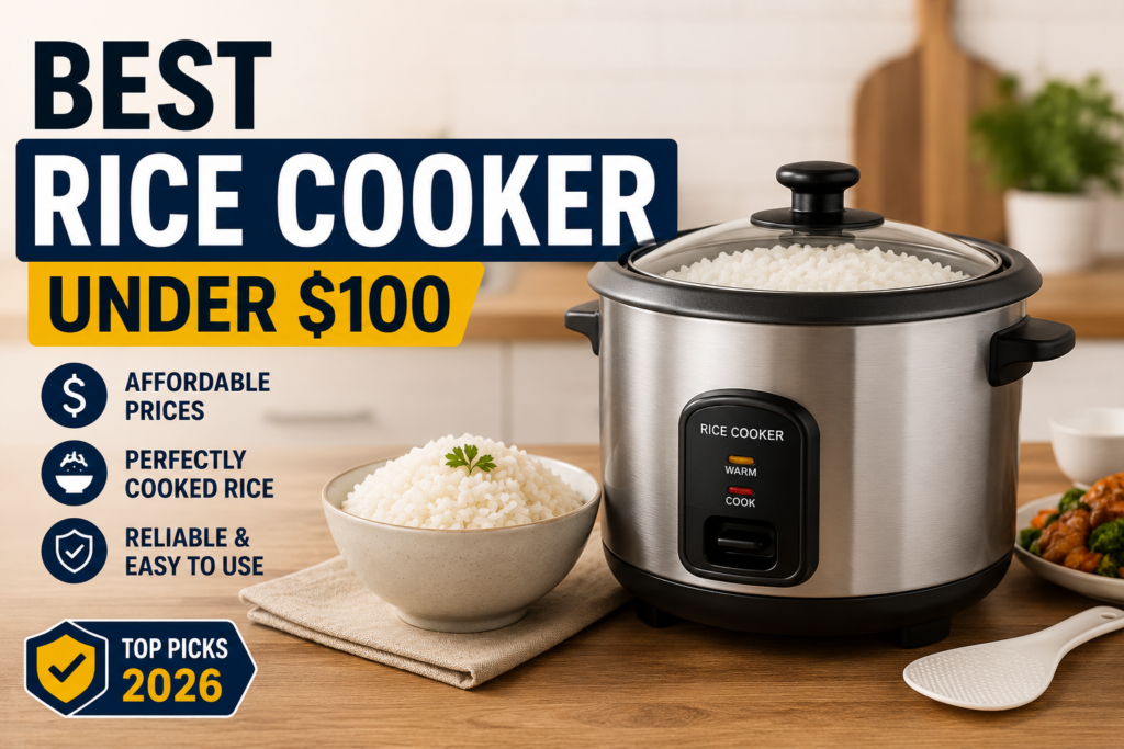 Best Rice Cooker Under $100 feature image showing a modern stainless steel rice cooker on a kitchen countertop with freshly cooked white rice. The affordable rice cooker is displayed in a bright home kitchen setting, highlighting easy cooking, reliable performance, and budget-friendly value for everyday meals.