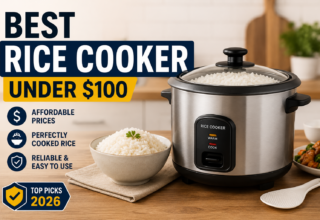 Best Rice Cooker Under $100 feature image showing a modern stainless steel rice cooker on a kitchen countertop with freshly cooked white rice. The affordable rice cooker is displayed in a bright home kitchen setting, highlighting easy cooking, reliable performance, and budget-friendly value for everyday meals.