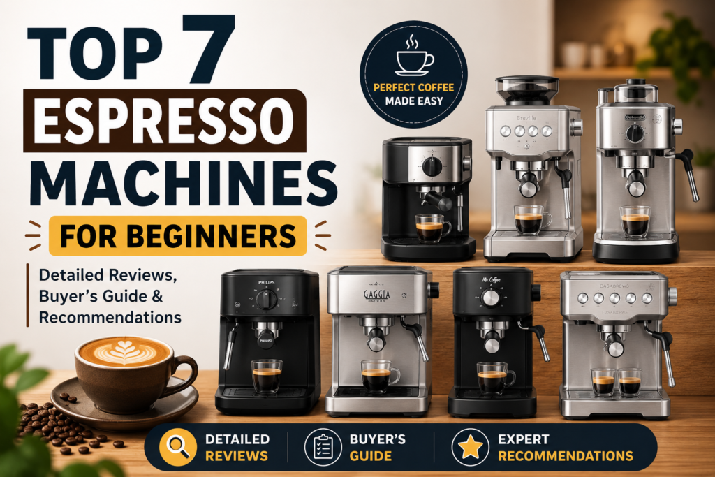 Featured image for Top 7 Espresso Machines for Beginners — Detailed Reviews, Buyer’s Guide & Recommendations showing seven modern espresso machines displayed on a stylish kitchen countertop with a latte, coffee beans, and bold headline text. The thumbnail highlights beginner-friendly espresso machines, detailed reviews, a buyer’s guide, and expert recommendations in a clean, professional design.