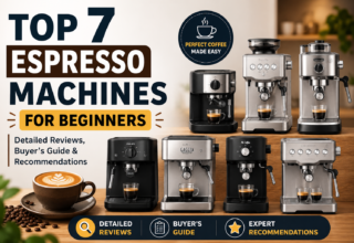 Featured image for Top 7 Espresso Machines for Beginners — Detailed Reviews, Buyer’s Guide & Recommendations showing seven modern espresso machines displayed on a stylish kitchen countertop with a latte, coffee beans, and bold headline text. The thumbnail highlights beginner-friendly espresso machines, detailed reviews, a buyer’s guide, and expert recommendations in a clean, professional design.