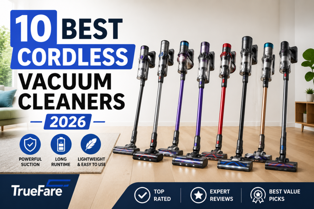 Featured image for 10 Best Cordless Vacuum Cleaners 2026 – TrueFare showcasing ten modern cordless vacuum cleaners displayed in a bright, contemporary living room. The thumbnail features bold headline text, highlights powerful suction, long runtime, and lightweight design, making it an eye-catching visual for expert reviews and top cordless vacuum cleaner recommendations.