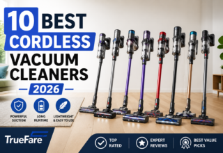 Featured image for 10 Best Cordless Vacuum Cleaners 2026 – TrueFare showcasing ten modern cordless vacuum cleaners displayed in a bright, contemporary living room. The thumbnail features bold headline text, highlights powerful suction, long runtime, and lightweight design, making it an eye-catching visual for expert reviews and top cordless vacuum cleaner recommendations.