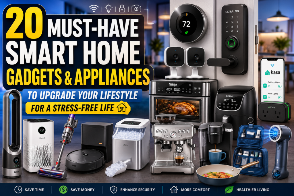 20 smart home gadgets and appliances to upgrade your lifestyle featured in a modern home setting, including a smart thermostat, smart lock, security cameras, air fryer, robot vacuum, air purifier, coffee maker, tower fan, and other innovative devices designed for a stress-free, comfortable, and connected home.