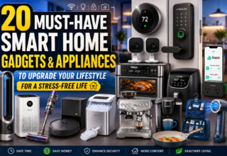 20 smart home gadgets and appliances to upgrade your lifestyle featured in a modern home setting, including a smart thermostat, smart lock, security cameras, air fryer, robot vacuum, air purifier, coffee maker, tower fan, and other innovative devices designed for a stress-free, comfortable, and connected home.