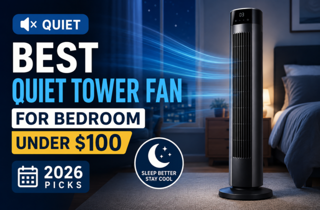 Best Quiet Tower Fan for Bedroom Under $100 (2026 Picks) feature image showing a modern black tower fan in a cozy bedroom at night. The quiet cooling fan is positioned beside a bed with soft ambient lighting, highlighting energy-efficient airflow, silent operation, and sleep-friendly comfort. Ideal for homeowners looking for the best budget tower fan for bedrooms in 2026.