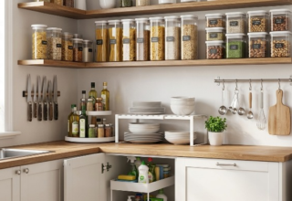 Modern aesthetic small kitchen corner featuring smart organization solutions: wooden floating shelves with clear airtight food containers, a wall-mounted magnetic knife strip, counter shelf risers for plates, and an organized under-sink pull-out drawer.