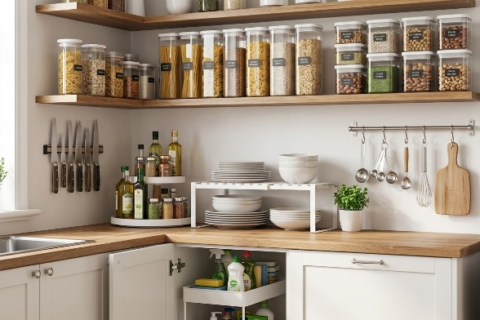Modern aesthetic small kitchen corner featuring smart organization solutions: wooden floating shelves with clear airtight food containers, a wall-mounted magnetic knife strip, counter shelf risers for plates, and an organized under-sink pull-out drawer.