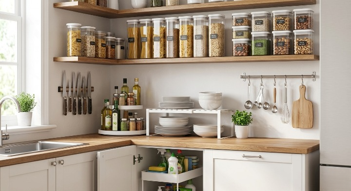 Modern aesthetic small kitchen corner featuring smart organization solutions: wooden floating shelves with clear airtight food containers, a wall-mounted magnetic knife strip, counter shelf risers for plates, and an organized under-sink pull-out drawer.