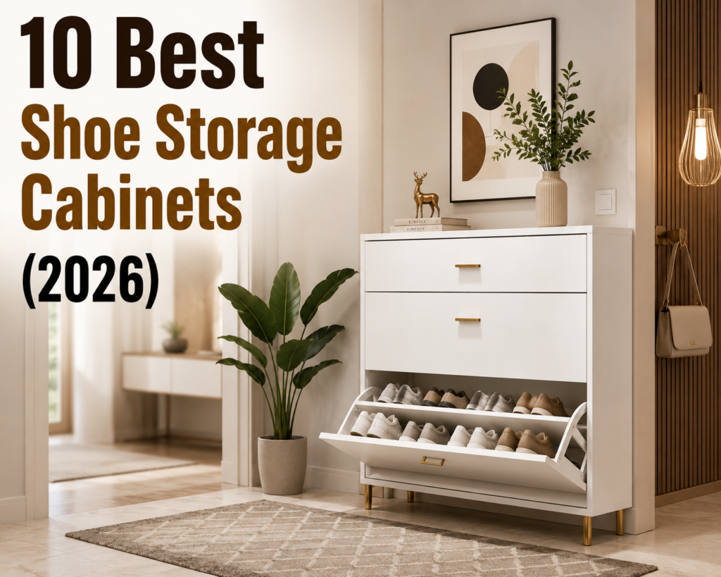 10 Best Shoe Storage Cabinets (2026) featured image showing a modern white shoe storage cabinet in a minimalist hallway with neatly organized shoes, an indoor plant, warm lighting, and a clean premium home interior.