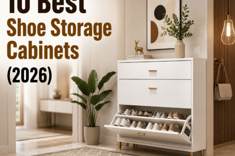 10 Best Shoe Storage Cabinets (2026) featured image showing a modern white shoe storage cabinet in a minimalist hallway with neatly organized shoes, an indoor plant, warm lighting, and a clean premium home interior.