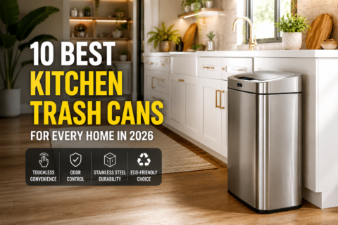 10 Best Kitchen Trash Cans for Every Home in 2026 featuring a modern stainless steel touchless kitchen trash can in a bright luxury kitchen with white cabinets, wooden flooring, and indoor plants.