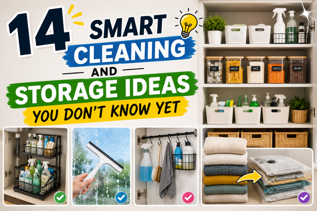 14 Smart Cleaning and Storage Ideas You Don't Know Yet thumbnail featuring an organized home with neatly arranged storage bins, labeled pantry containers, under-sink organizers, window cleaning tools, hanging cleaning supplies, folded towels, and vacuum storage bags, highlighting practical home organization and smart cleaning hacks.