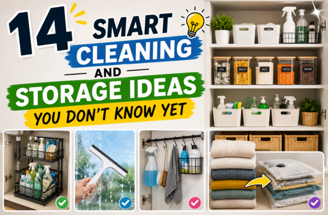 14 Smart Cleaning and Storage Ideas You Don't Know Yet thumbnail featuring an organized home with neatly arranged storage bins, labeled pantry containers, under-sink organizers, window cleaning tools, hanging cleaning supplies, folded towels, and vacuum storage bags, highlighting practical home organization and smart cleaning hacks.