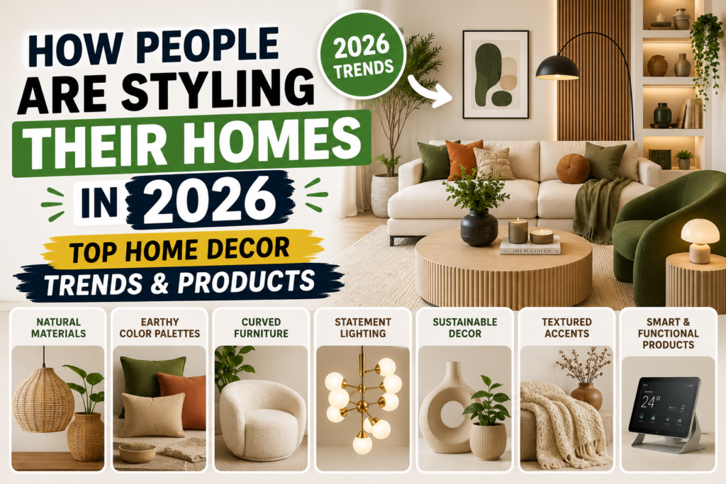 How People Are Styling Their Homes in 2026: Top Home Decor Trends & Products thumbnail featuring a modern living room with contemporary furniture, earthy color palettes, curved seating, statement lighting, sustainable decor, textured accents, smart home products, and the latest 2026 home decor trends.
