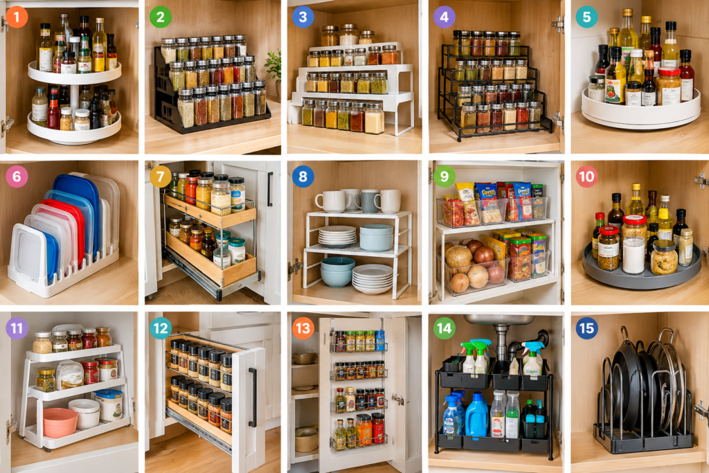 Kitchen cabinet organizers for smart storage, featuring spice racks, lazy Susans, pull-out shelves, pantry bins, under-sink storage, and pots and pans organizers.