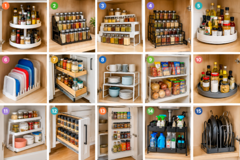 Kitchen cabinet organizers for smart storage, featuring spice racks, lazy Susans, pull-out shelves, pantry bins, under-sink storage, and pots and pans organizers.