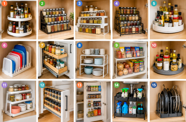 Kitchen cabinet organizers for smart storage, featuring spice racks, lazy Susans, pull-out shelves, pantry bins, under-sink storage, and pots and pans organizers.